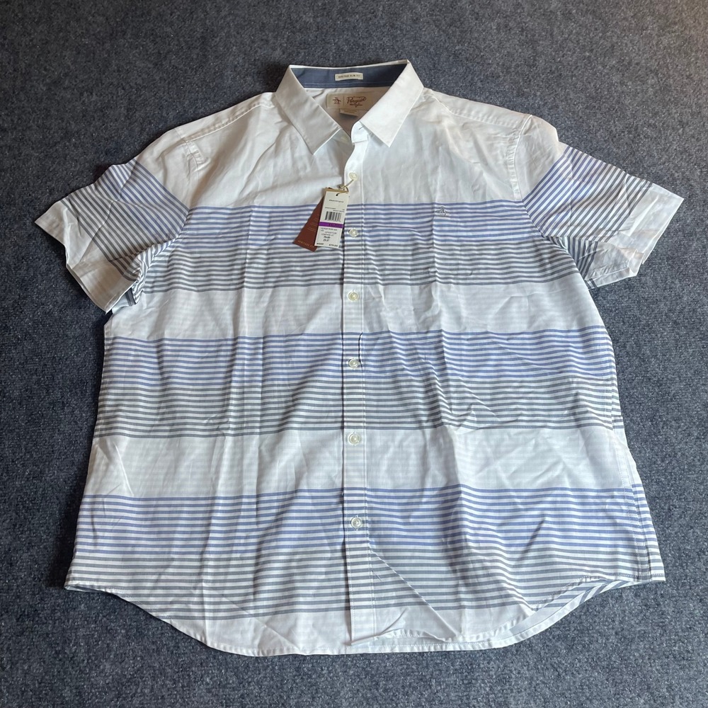 Original Penguin Mens Heritage Slim Fit Striped Short Sleeve Shirt White XXL